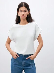 SHEIN Unity 夏季休閒圓領蝙蝠袖純色T恤 - 白色 - 查看 1