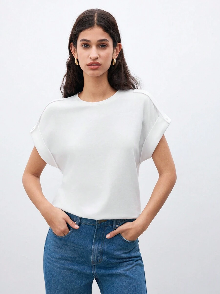 SHEIN Unity 夏季休閒圓領蝙蝠袖純色T恤 - 白色 - 查看 1