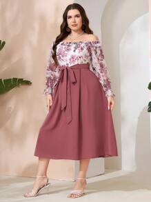 Modelyn Random Floral Printed Plus Size Off-Shoulder Long Sleeve Spring/Summer Dress Maxi Women Outfit Long Evening Dresses