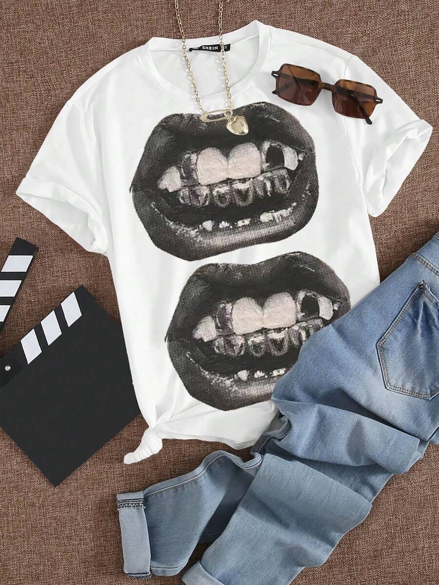 INAWLY Plus Size Summer Printed Short Sleeve T-Shirt With Mouth Print - White - View 1
