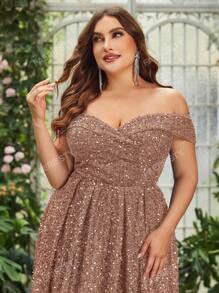 Faeriesty Plus Off Shoulder Sequin Formal Dress Elegant Prom Evening Wedding Guest Gown, For Graduation, Dinner Party Dress
