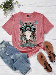 SHEIN LUNE 休閑西部風格公牛頭紋短袖圓領女款常規T恤，適合夏季生活，生活有趣 - 粉色 - 查看 1