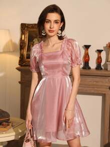 Zanirela Off Shoulder Frill Trim A-Line Dress With Waist Belt, Suitable For Party And Date - Dusty Pink - View 5