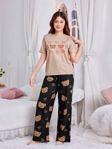 SHEIN Conjunto de pijama casual ignífugo con patrón de oso lindo de manga corta y pantalones largos para niña adolescente - Caqui - Ver 5