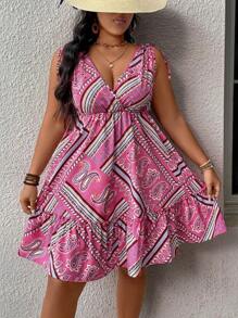 SHEIN VCAY Vestido de vacaciones de talla grande con cuello en V, elegante para vacaciones - Multicolor - Ver 1