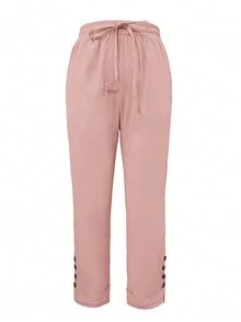 1pc Women Straight Leg High Waist Button Closure With Pockets Plain Color Pants - Pink - View 3