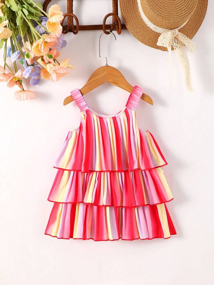 Baby Girl Cute Striped Multi-Layered Ruffled Hem Cami Dress, Summer