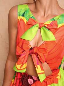 BELANGE HANDMADE Designer Bow Tie Strap Elastic Waist Print Summer Dress, Sundress Outfit, For Holiday, Party, Vacation, Spring, Beach, Festival, Ibiza Fits, Prom Dress - Multicolor - View 4