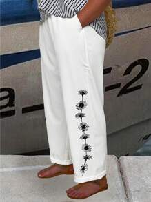 SHEIN LUNE 大碼印花彈性腰帶長褲 - 白色 - 查看 5