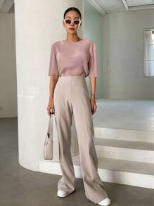 DAZY Women T-Shirts Rib-Knit Plain Casual - Dusty Pink - View 4