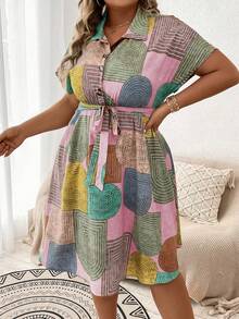 SHEIN LUNE Đầm thắt lưng in đầy màu sắc dành cho nữ "Plus Size - Màu Hồng baby - Xem 3