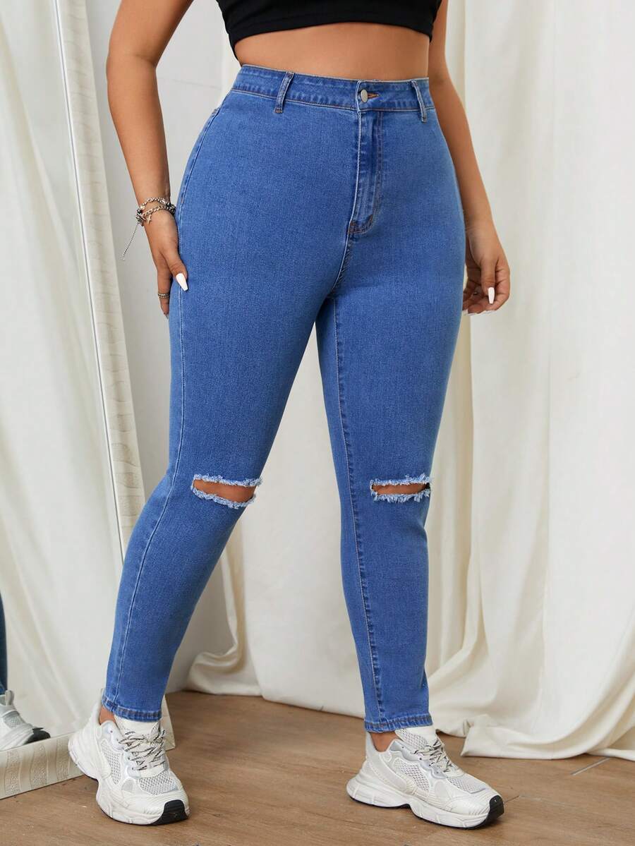 SHEIN EZwear Kích thước lớn Của phụ nữ Thon gọn Quần jean Với Giường đôi tiêu chuẩn Túi Và Đau khổ Chi tiết - Rửa nhẹ - Xem 1