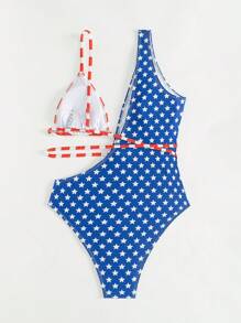 SHEIN Swim 夏季海滩女士连体泳衣，星条旗美国国旗印花，随机印花，7 月 4 日 - 彩色 - 查看 4