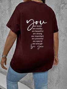Flirla 大码短袖夏季 T 恤，印有口号，做你自己，你是被爱的，是值得的，是美丽的，是坚强的，是重要的，是强大的，是特别的，是足够的，做你自己 - 酒紅色 - 查看 2