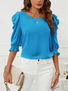 SHEIN Clasi 女士純色荷葉袖上衣 - 薄荷藍 - 查看 1