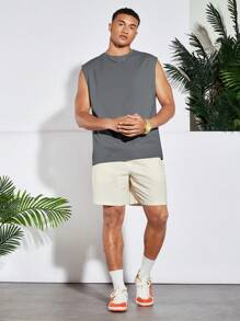 Manfinity RebelGame Canotta casual da uomo con stampa di alberi di cocco e lettere, con ampia fascia, per vacanza estiva