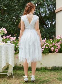 Vestido corto elegante para adolescente con encaje y malla en contraste - Blanco - Ver 2