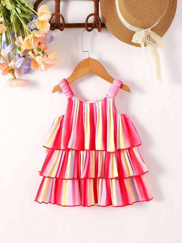 Baby Girl Cute Striped Multi-Layered Ruffled Hem Cami Dress, Summer