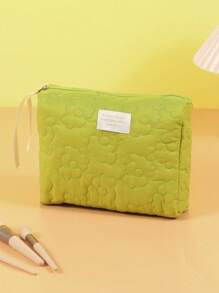 1 PIEZA Bolsa de maquillaje acolchada en color verde, de gran capacidad, con cremallera, de moda y casual, ideal para almacenar artículos de viaje, papelería, vacaciones, cosméticos, auriculares, cargadores, lápices labiales, productos de cuidado de la piel y belleza, decoración del hogar, para mamá, mujeres, enfermeras, estudiantes, chicas escolares, llaves, regalos festivos