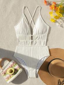 Swim Vcay Summer Beach Ladies' Solid Color Backless Fashionable Swimming Beachwear One-Piece Swimsuit White Swimsuit