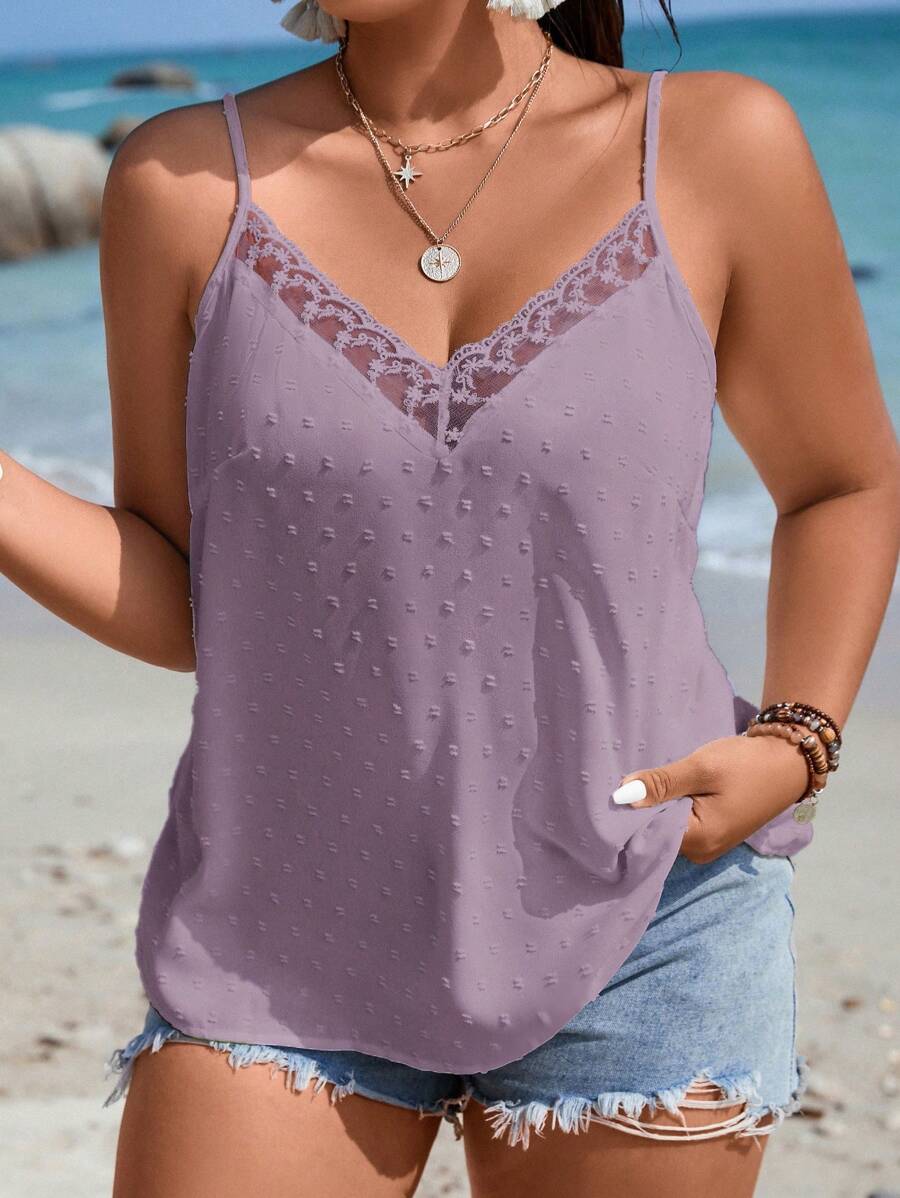 SHEIN Clasi 大码女式花卉刺绣网眼撞色休闲吊带背心夏季上衣