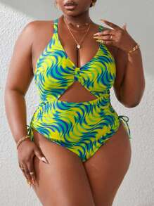 SHEIN Swim Curve Plus Size Summer Beach Allover Print Drawstring Ruched Cutout Front One Piece Swimsuit In Colorful - Multicolor - View 4