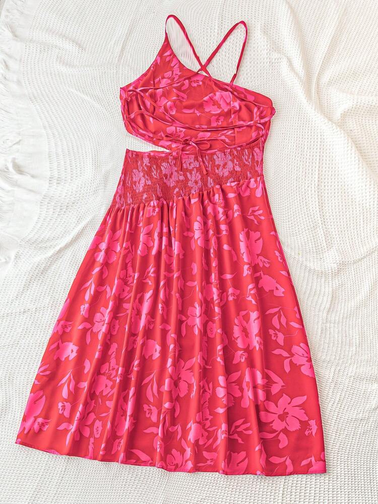 Plus Size Asymmetrical Neck Hollow Out Waist Tie Floral Print Dress, Summer