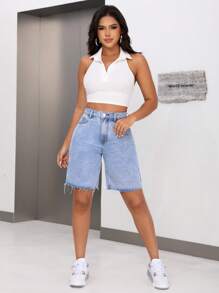 SHEIN SXY 淺藍色洗水原邊牛仔短褲 - 淺色水洗藍 - 查看 6