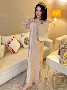 Modelyn Women's Solid Color Halter Neck Dress And Cardigan Two Pieces Set 2 Pieces Set - Khaki - View 1