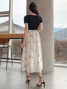 DAZY Flower Print Square Collar Short Sleeve 2 In 1 Waist-Cinched Long Summer Dress - Multicolor - View 5