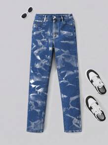 SHEIN Jeans de mezclilla azul lavados suaves, elásticos y metálicos de alta calidad para ropa de festival de música para adolescentes