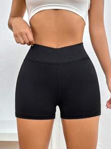 SHEIN EZwear Quần legging Biker Shorts cạp rộng trơn - màu đen - Xem 1