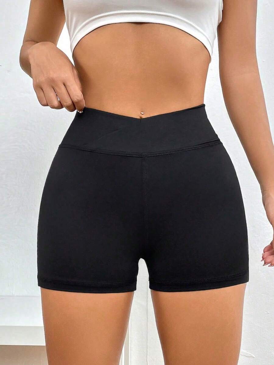 SHEIN EZwear Quần legging Biker Shorts cạp rộng trơn - màu đen - Xem 1