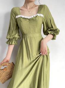 Modelyn Vestido árabe de mujer con mangas farol y escote de corazón - Verde - Ver 4