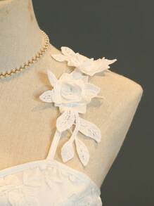 SHEIN Flower Girl Tween/Teen Elegant Spaghetti Strap 3D Floral Embroidered Mesh High Slit Formal Dress, Suitable For Weddings, Performances, Parties, Birthday - White - View 5