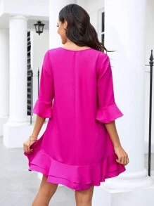 SHEIN Clasi Vestido de línea A con dobladillo con volantes en color rosa brillante para mujer - Rosa Fucsia - Ver 2