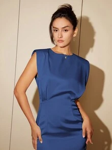 Đầm ngắn giản dị không tay cổ tròn cho nữ, trang phục mùa xuân và mùa hè cho phụ nữ công sở - Màu xanh lam - Xem 4