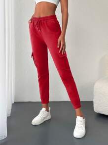 EURMUSE Drawstring Waist Sweatpants With Flap Pockets - Red - View 6