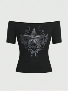 ROMWE Goth 女性的星星和藤蔓印花露肩短袖t恤 - 黑色 - 查看 1