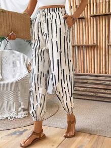 Breezaya Summer Vacation Color Block Striped Elastic Hem Cropped Pants