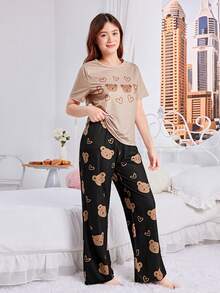 SHEIN Conjunto de pijama casual ignífugo con patrón de oso lindo de manga corta y pantalones largos para niña adolescente - Caqui - Ver 3