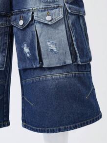 ROMWE MEN Grunge Punk Men Summer Casual Over-Knee Mid-Rise Washed Grinding Ripped Pants And Sprayed Horse Pattern - Blue - View 6