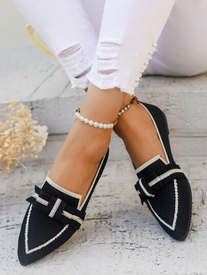 Fall/Winter Women's Fashion Comfort Black Pointed Toe Breathable Bow Slip-On Flat Shoes Valentines