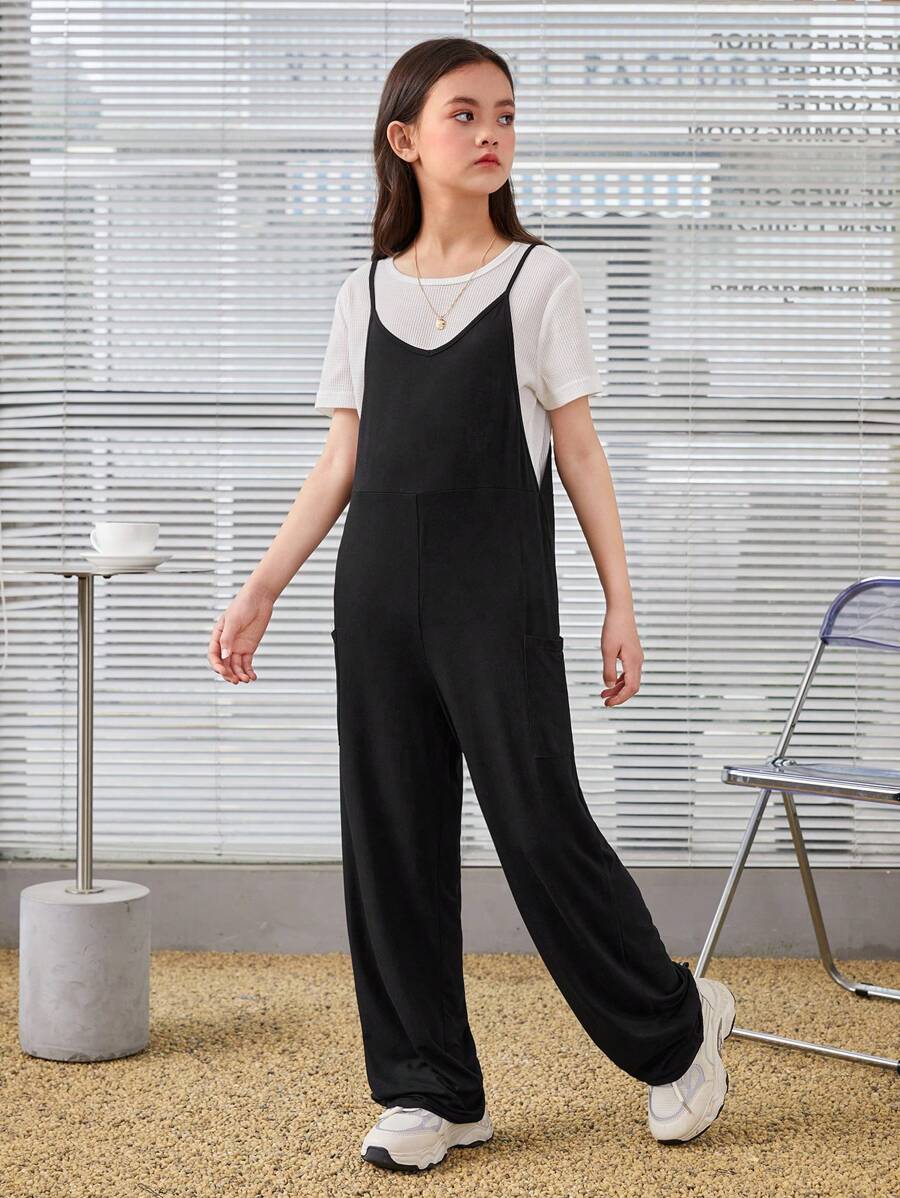 Tween Girls' Casual Knit Solid Color V-Neck Strappy Jumpsuit For Spring ...