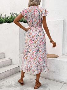 Breezaya 女式v領腰帶花卉印花連衣裙,配有荷葉邊袖子,適合春夏度假風格 - 彩色 - 查看 2