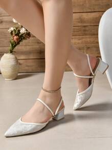 Nuevas llegadas Otoño/Invierno 2025 Sandalias de tacón grueso con punta puntiaguda y bordado, de doble uso, elegantes, tipo mule - Beis - Ver 5