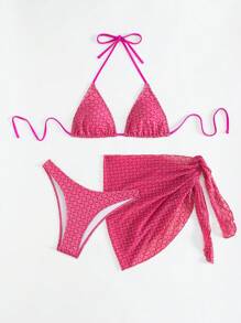 Swim SXY Summer Beach Rhinestone Decor Halter Triangle Cup Bikini Separates Set, With Cover-Up Skirt - Hot Pink - View 5