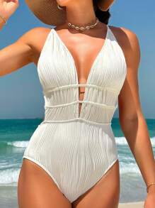 Swim Vcay Summer Beach Ladies' Solid Color Backless Fashionable Swimming Beachwear One-Piece Swimsuit White Swimsuit