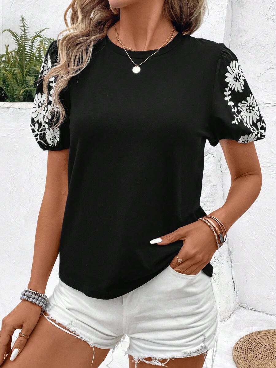 SHEIN LUNE NỮ Mùa hè In hoa Vòng cổ Ngắn tay Giải trí Áo thun - màu đen - Xem 1