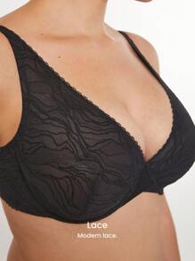 LUVLETTE 内衣休闲曲线低胸无衬里 V 领聚拢蕾丝黑色缩小文胸 - 黑色 - 查看 6